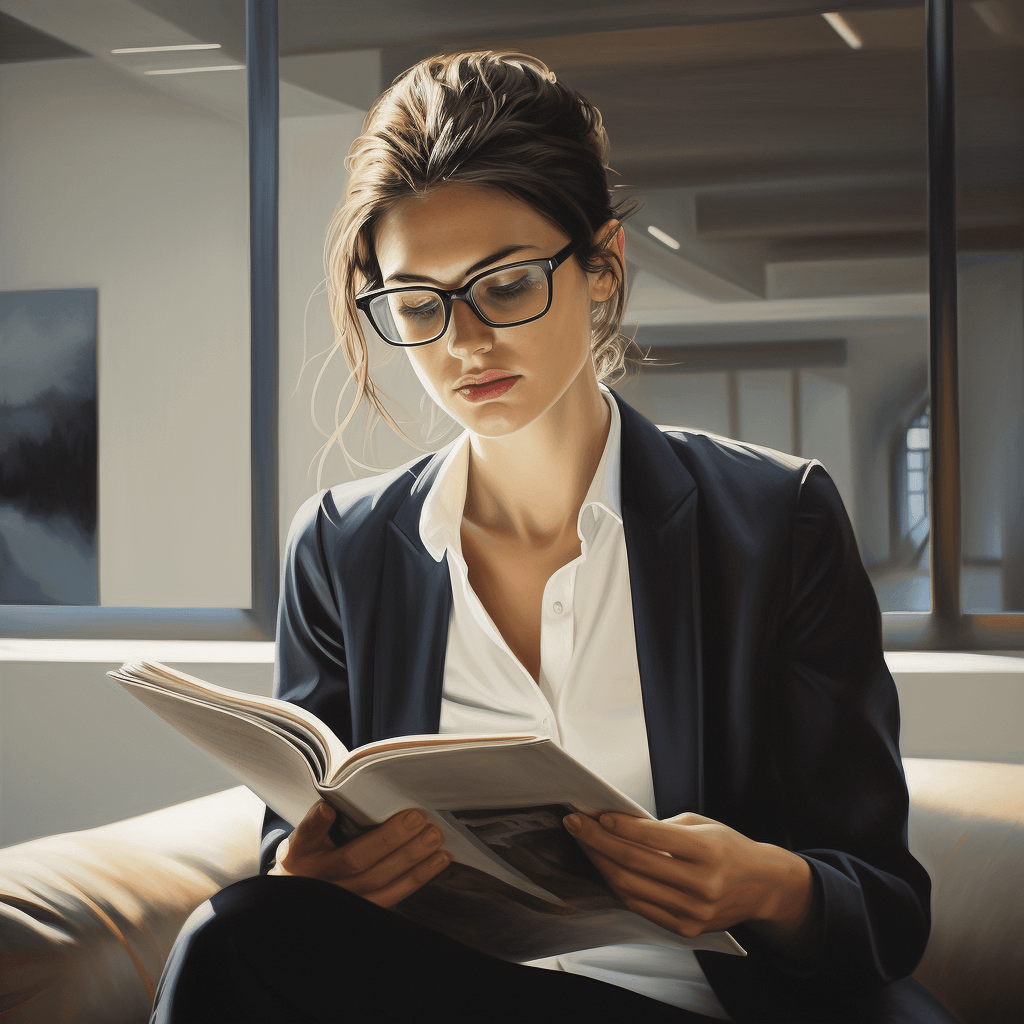 Woman in a dark suit reading a book