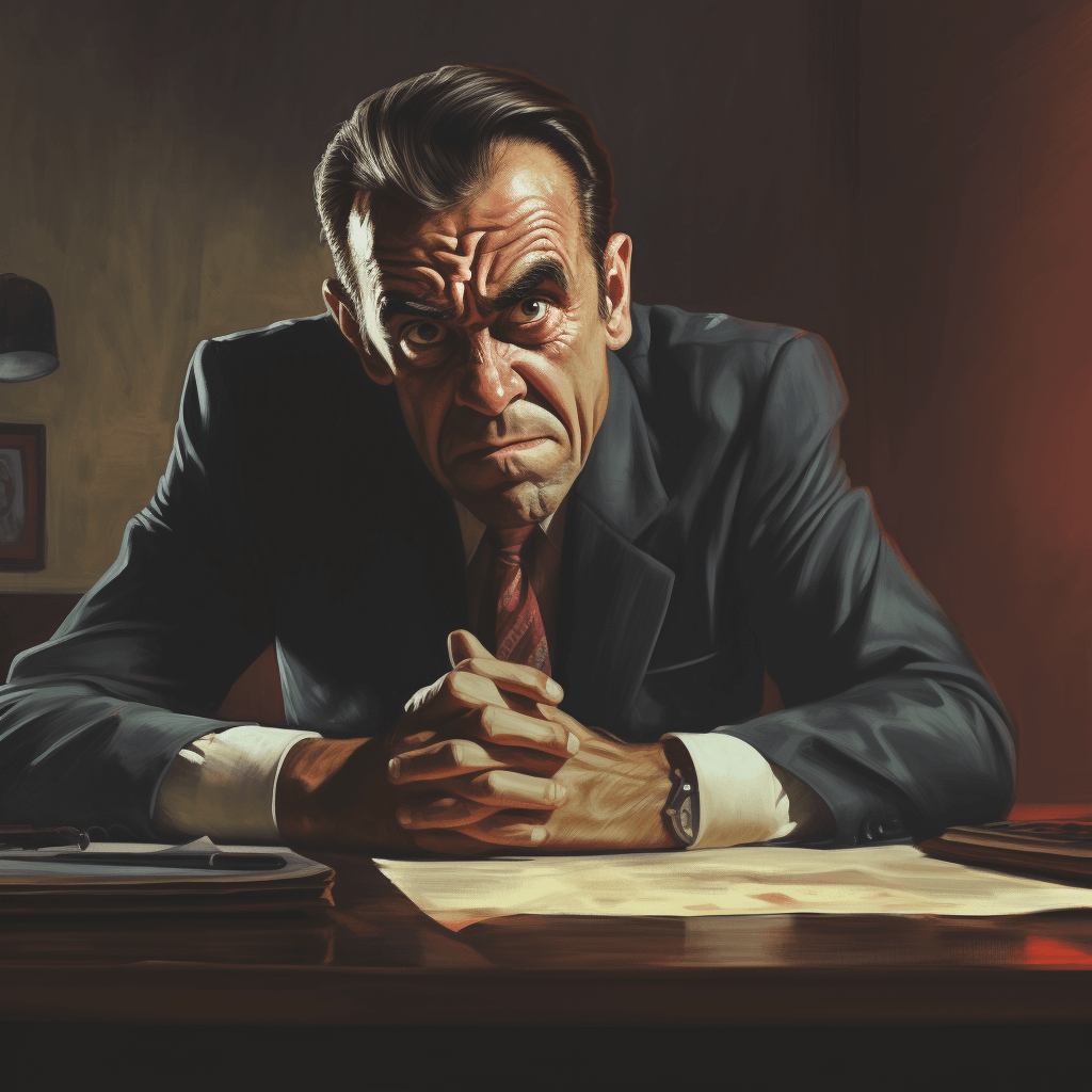 Stern business man leaning over a desk