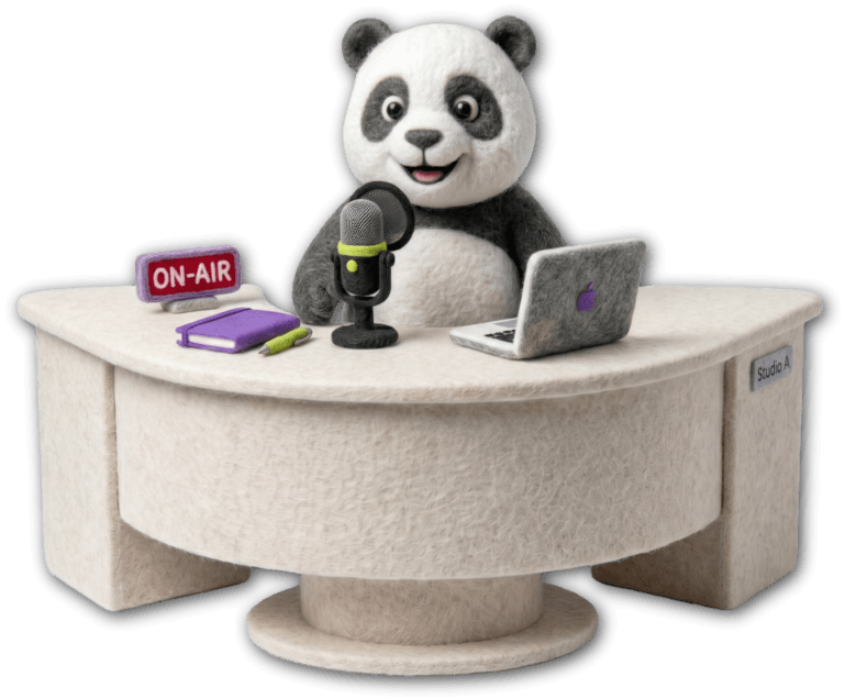 Panda recording a podcast